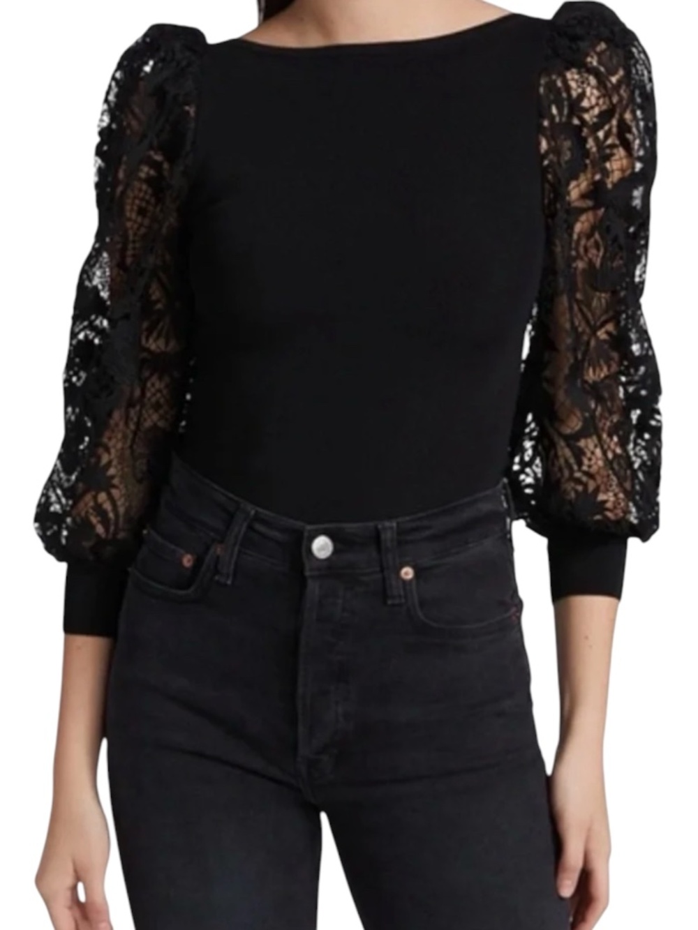Alice + Olivia Abella Lace Puff Sleeve Sweater
